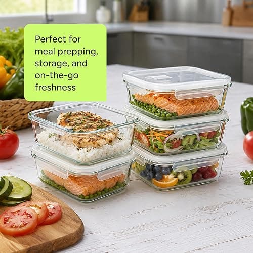 PrepNaturals 5 Pack 30oz Glass Meal Prep Containers - 1 Compartment | Borosilicate Glass Meal Prep Containers - Airtight Leak-Resistant Lids, Microwave, Oven & Freezer Safe (5-Pack, 30 oz) thumbnail 5