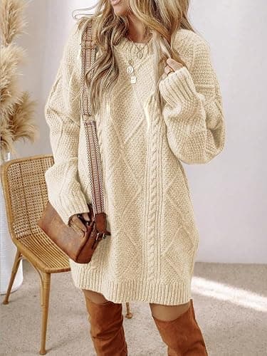 Women's Cable Knit Sweater Dress Long Sleeve Loose Crew Neck Pullover Tunic Mini Sweater Dress Fall Winter Outfits thumbnail 2
