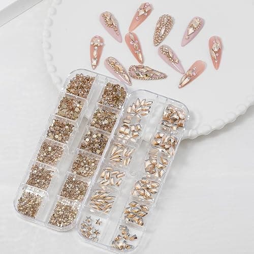 HNUIX Nail Rhinestones - 3D Multi Shape Size Crystal, Champagne Gold Nail Gems, Flat Back, with Kit, for Nail Art, DIY Decorations thumbnail 6