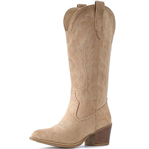 IUV Suede Cowboy Boots For Women Chunky Heel Pointed Toe Cowgirl Boots Mid Calf Western Embroidery Boots thumbnail 2