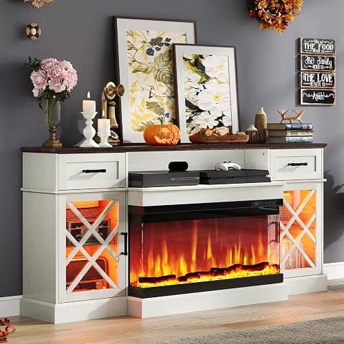 AMERLIFE Farmhouse LED Fireplace TV Stand with 3-Sided Glass Fireplace, 70" Large Entertainment Center for TVs up to 80", Rustic TV Console with Glass Door Storage for Living Room, Barnwood+White thumbnail 9