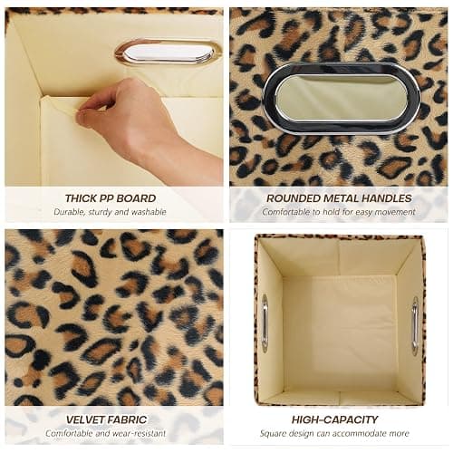ANMINY 2PCS Storage Cubes Leopard Cheetah Print Velvet Fabric Storage Bins for Shelves, Collapsible Washable Closet Storage Baskets Boxes with Handles for Organizing and Storage -Brown, 11"x 11"x 11" thumbnail 5