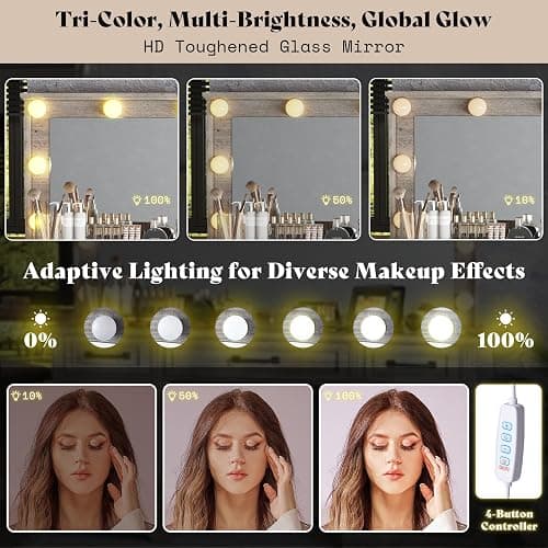 AMERLIFE 55" W Makeup Vanity with Hollywood Mirror, Glass Top Vanity with 5 Drawers & Charging Station, 10 Detachable Light Bulbs, Adjustable Brightness, Light Oak thumbnail 8