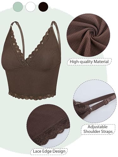 3 Pieces Women's Rib Knit Cami Tops Lace Trim Camisole Sleeveless Adjustable Strap Crop Top Solid Cami for Women thumbnail 3
