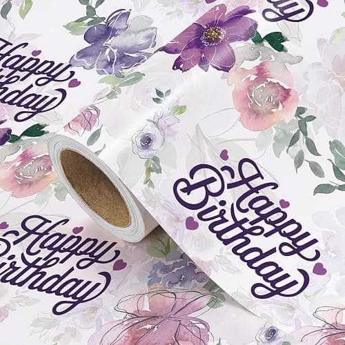WRAPAHOLIC Birthday Wrapping Paper Roll - Mini Roll - 17 Inch x 16.5 Feet - Happy Birthday with Purple Flower Wrapping Paper for Girls Women, Baby Shower, Wedding thumbnail 4