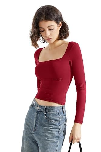 SUUKSESS Women Square Neck Long Sleeve Tops Double Lined Going Out T Shirts thumbnail 7