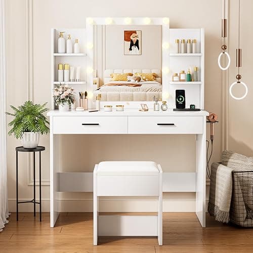 KAMABOKO Vanity Desk with Lighted and Mirror, White Makeup Table with Drawers and Charging Station, 3 Model Adjustable for Bedroom & Dressing Room (010 White) - Image 1