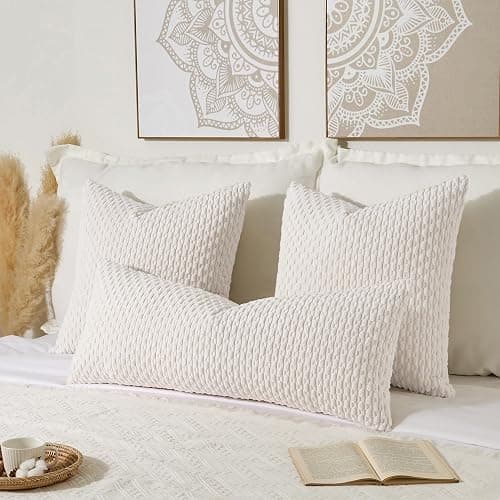 Kevin Textile 12x20 Inch Pillow Cover 1 Pack Boho Christmas Decorative Soft Striped Corduroy Lumbar Farmhouse Color Accent Rectangle Cushion Case for Living Room Couch Sofa Bed, Pure White thumbnail 2