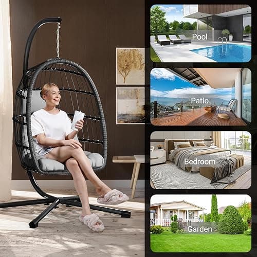 LEVELEVE Egg Chair with Stand,Patio Rattan Wicker Hanging Swing Egg Chair Hammock Chair for Bedroom Porch Garden,Thickened Aluminum Alloy Steel Frame and UV Resistant Cushion,350LBS Capacity thumbnail 6