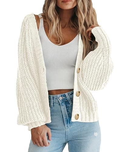 PRETTYGARDEN Women's Chunky Knit Open Front Sweater Long Sleeve Button Loose Short Cardigan Outerwear Coats - X-Large - White - Image 1