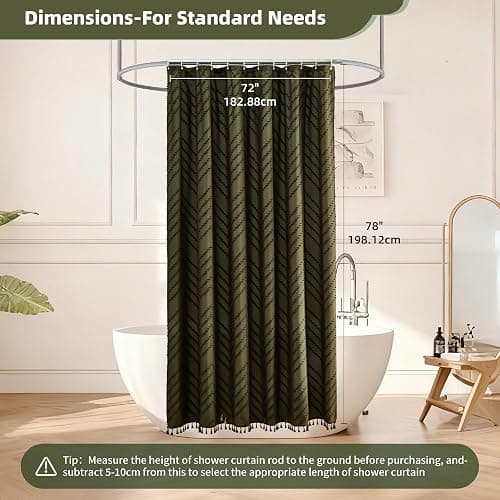 Siiluminisoy Long Shower Curtain Olive Green Boho Shower Curtain with Tassel for Bathroom, 72 x 78 Woven Fabric Modern Textured Tufted Chevron Striped, Machine Washable thumbnail 2