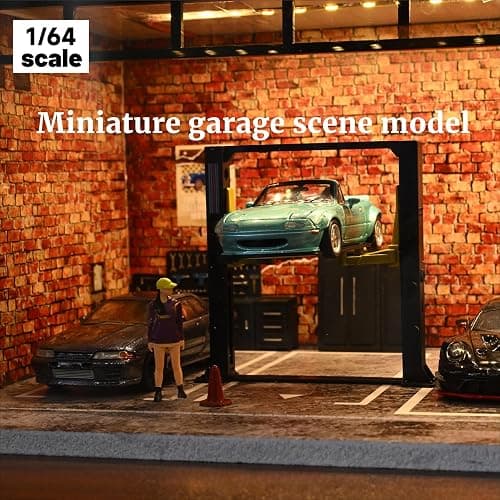 Display Case for Hot Wheels,Diorama 1/64 Scale Car Garage Model with LED Lights and Acrylic Cover, Stackable Car Parking Lot Model,Diecast Car Display Case (Vintage Garage) thumbnail 2