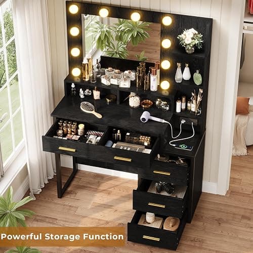 Tiptiper Makeup Vanity with Lights, Black Vanity Desk with Mirror & 3 Lighting Modes, Vanity Table with USB Ports and Outlets, Makeup Table with Nightstand & Storage Shelves & Drawers (Modern Black) thumbnail 5
