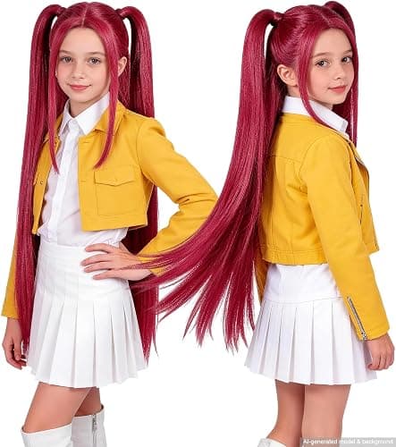 Hot Pink Cosplay Wig for Kids with 2 Ponytails, Long Straight Synthetic Wig | Synthetic anime-style wig for Halloween,carnival,costume parties, cosplay role play,and themed dress-up events thumbnail 5