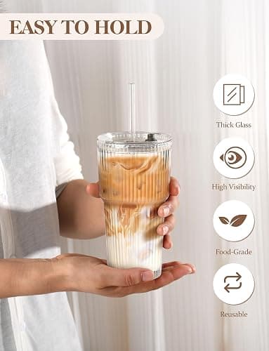 Amyoole 20 oz with Lids and Straws Ribbed Glass Cup Set of 4 | Clear Drinking Glasses, Reusable Vintage Iced Coffee Tumbler, Leak Proof Thick Glassware for Juice,Cocktail,Smoothie,Beer thumbnail 5