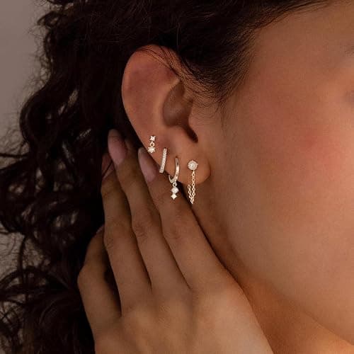 Gold Earrings for Women, 14k Gold Plated Dangle Huggie Earrings for Women Trendy Dainty Gold Hoop Earring Stacks Hypoallergenic Pearl Chain Drop Cartilage Earring Fashion Womens Jewelry thumbnail 3