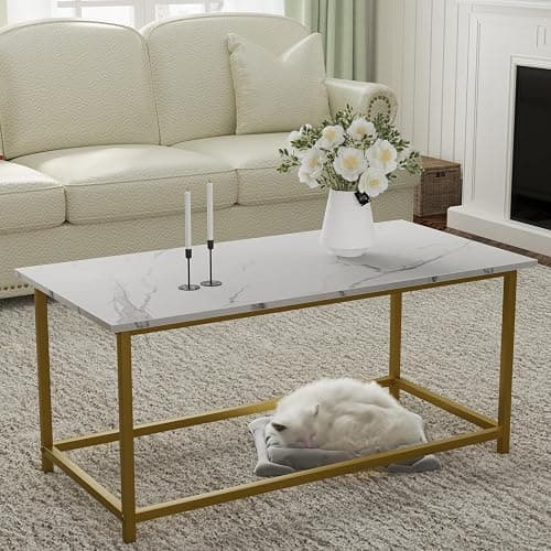 SAYGOER White Faux Marble Coffee Table Simple Modern Rectangular Coffee Tables Open Design Minimalist Center Table for Living Room Office, 39.37 x 19.69 x 17.72, White Gold thumbnail 2