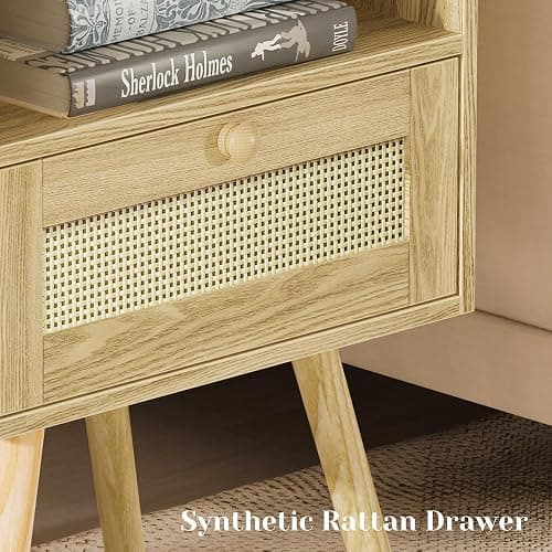 SUPERJARE Nightstands Set of 2, Night Stands with Charging Station & PE Rattan Decor Drawer, Bed Side Tables with Solid Wood Feet, End Table, for Bedroom, Living Room - Natural thumbnail 6