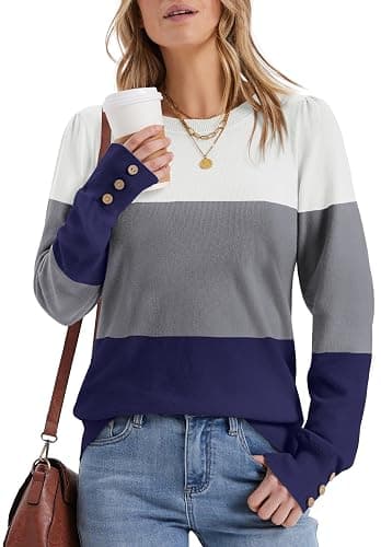 Womens Sweaters Fall Fashion 2025 Long Sleeve Button Cuff Soft Knit Pullover Trendy Tops Dressy Casual Blouses thumbnail 4
