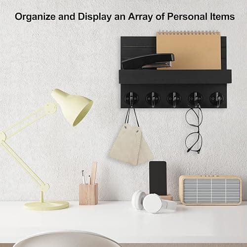Lwenki Key Holder for Wall, Decorative Key and Mail Holder with Shelf Has Large Hooks for Bags, Coats, Umbrella – Paulownia Wood Key Hanger with Mounting Hardware (9.8”W x 6.7”H x 4.2”D) thumbnail 6
