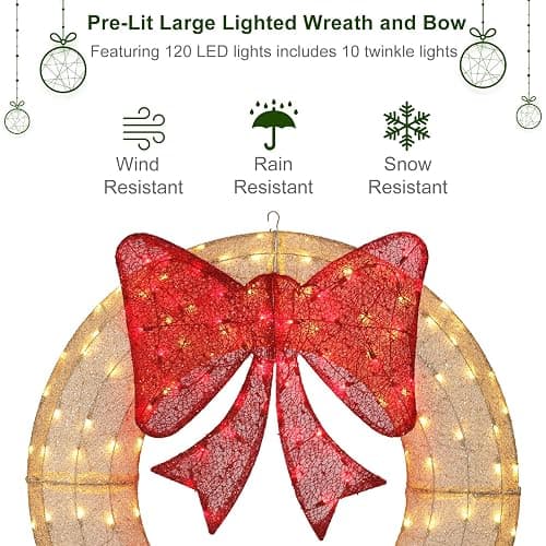 Lighted Christmas Wreaths, 48’’ Handmade Classic Christmas Wreaths with 50 Red and 120 Warm White LED Lights for The Outdoor Christmas Decoration-Golden - Golden thumbnail 5