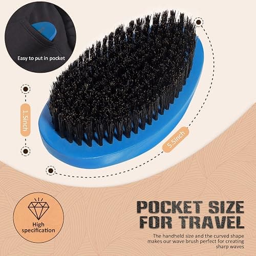 Medium Palm Wave Brush with Pure Black Boar Bristles - For Men's 360 Waves on Thin and Normal Hair (Blue) thumbnail 3
