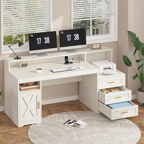 TVU 65" White Computer Desk with Drawers and Printer Stand for Home Office | Office Desk with Power Outlets and Storage Cabinet, Study Writing Desks with Long Monitor Stand thumbnail 3