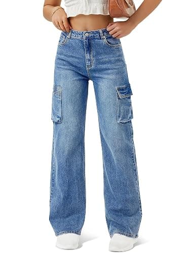 Women High Waisted Cargo Jean for Women with 6 Pockets Straight Wide Leg Jean Casual Baggy Pants - Image 1