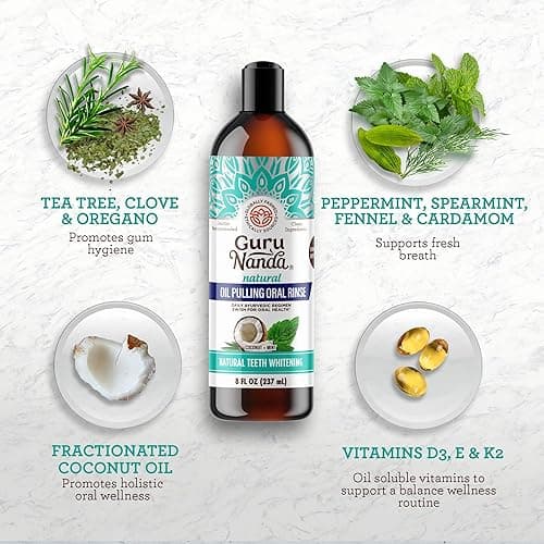 GuruNanda Coconut Oil Pulling, Fresh Breath & Whitening Mouthwash, 7 Essential Oils & Vitamins for Happy Teeth & Gums, Alcohol-Free, 8 oz - 8 Fl Oz (Pack of 1) - 1 Pack thumbnail 2