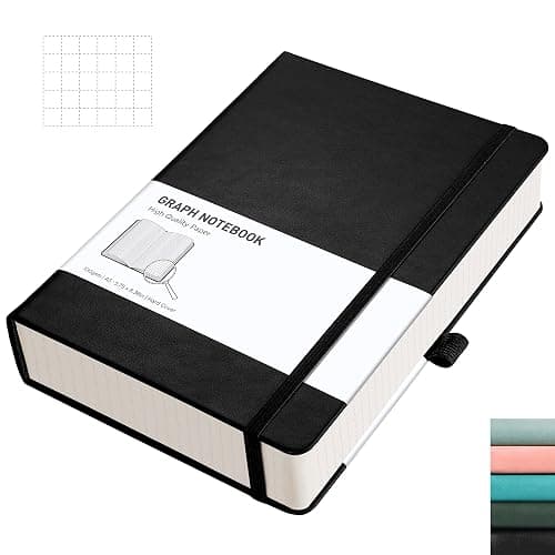 RETTACY Graph Paper Notebook A5 320 Pages Grid Notebook Thick Journal, 100gsm Thick Graph Paper, Leather Hardcover, Inner Pocket, for Office School Work Women Men14.5 x 21cm - Black - Image 1