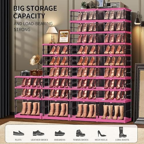 CIMLORD 9-Tier Foldable Shoe Rack for Closet Entryway 18-36Pairs, Stackable Clear Shoe Storage Boxes Organizer With Door Plastic Shoe Cabinet Bins with Lids Shoes Shelf Easy Assembly Large（Black-pink） thumbnail 4