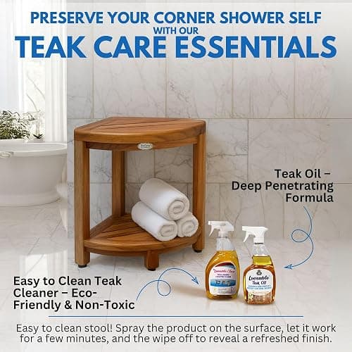 DecoTeak Teak Corner Shower Shelf – 2 Tier Waterproof Bathroom Storage Organizer Compact Wood Storage | Water-Resistant Design | Space Saver for Showers & Small Bathrooms | Shaving Foot Rest thumbnail 9