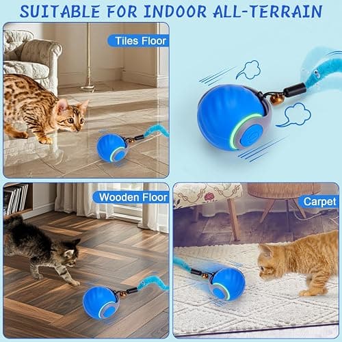 BABORUI Interactive Cat Toy Ball - Automatic Interactive Cat Toys for Indoor Cats with 3 Tails, 2 Speeds Rechargeable Cat Enrichment Toys for Small/Medium/Large Cats to Keep Them Busy(Blue) thumbnail 6