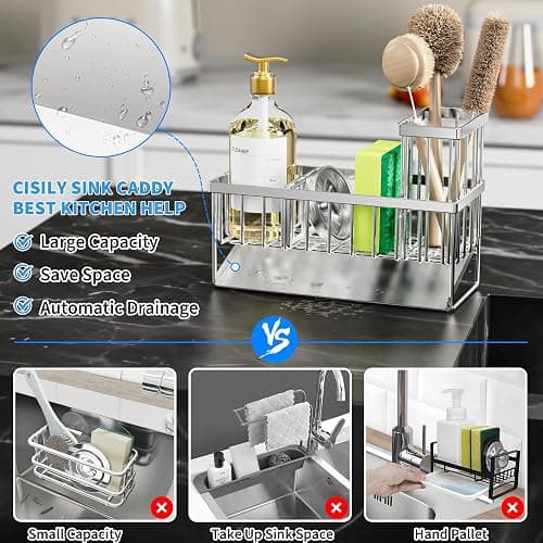 Cisily Sink Caddy Sponge Holder for Kitchen, 304 Stainless Steel Rustproof, Kitchen Sink Caddy with High Brush Holder, Dish Sponge Organizer with Divider(Silver) thumbnail 3