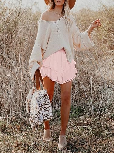 Aoudery Flowy Shorts for Women Casual Boho Ruffle Tiered Skorts High Waist Mini Skirts Golf Tennis Crochet Shorts thumbnail 3