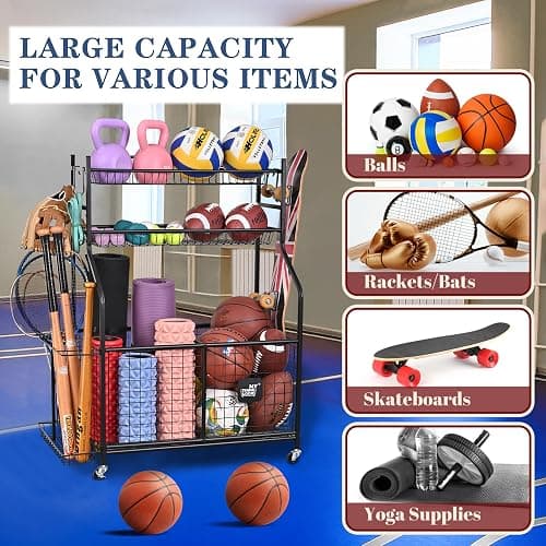 Mythinglogic Sports Equipment Garage Organizer,Garage Ball Storage for Sports Gear and Toys, Rolling Ball Cart with Wheels for Indoor/Outdoor Use thumbnail 2