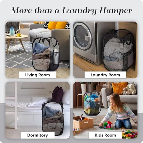 Handy Laundry Collapsible Mesh Pop Up Hamper with Wide Opening and Side Pocket - Breathable, Sturdy, Foldable, and Space-Saving Design for Clothes and Storage (Black) thumbnail 8