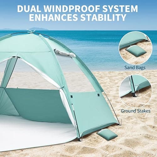 NHOWIN Beach Tent for 3-4 Person, Large Easy Setup Beach Shade Canopy with UPF 50＋ UV Protection, Portable Shade Tent with 3 Ventilating Mesh Windows for Outdoor, Picnics, Fishing thumbnail 5