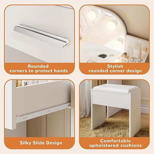 wanan Makeup Vanity with Chair, Small Vanity Desk with Mirror and Lights 3 Colors, Girls Vanity Set with Power Outlet, Compact Vanity Table for Small Space, White thumbnail 7