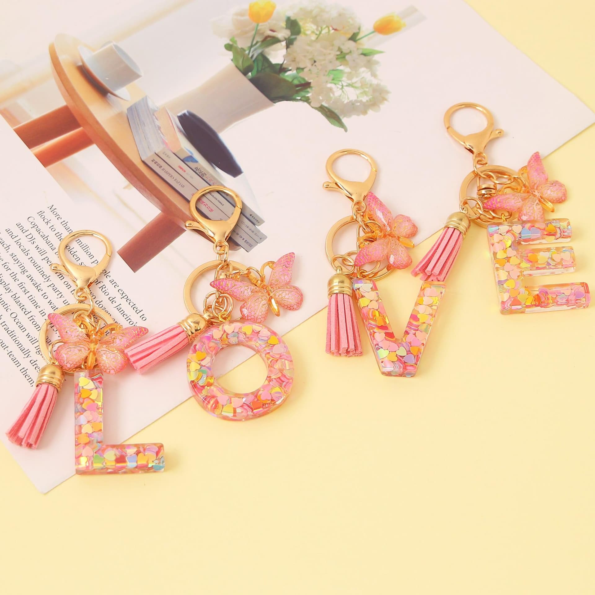 OKAICEN Fashion Alphabet Initial Letter Keychain Tassel Butterfly Pendant Key Ring for Purse Handbags Women Girl thumbnail 6