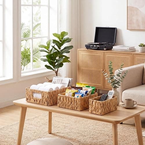 StorageWorks Pantry Baskets for Shelves 3 Pack, Rectangular Wicker Basket with Handles, Natural Water Hyacinth Woven Baskets for Living Room, Toilet, Shelf Storage Basket for Home Decor thumbnail 2