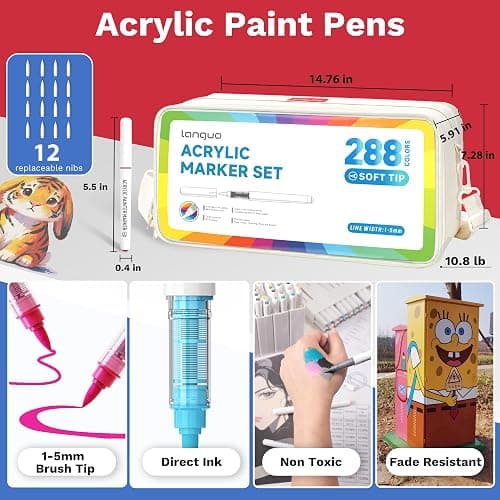 Hopesky Set di 288 pennarelli acrilici a colori pastello, con punta a pennello permanente, per artisti adulti, pennarelli acrilici con borsa per il trasporto, per tessuti, legno, vetro, artigianato thumbnail 5
