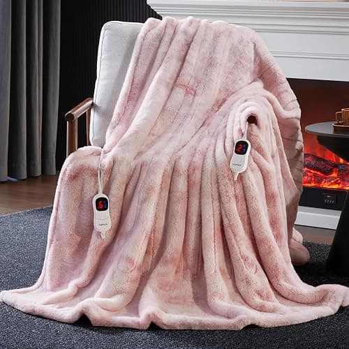 Guohaoi Heated Blanket Electric Throw, Soft Faux Rabbit Fur Electric Blanket with 10 Heating Levels 5 Sitting Timer Auto Off, Dual-Controller Heating Blankets, Machine Washable(84"×90" Pink) - Image 1