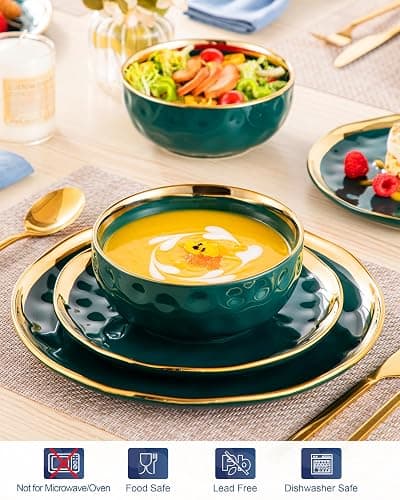 LOVECASA 12 Pieces Plates and Bowls Sets, Porcelain Green and Gold Dinnerware Sets, Round Dinner Plates Dishes Set Service for 4, Dishwasher Safe and Scratch Resistant, Green thumbnail 5