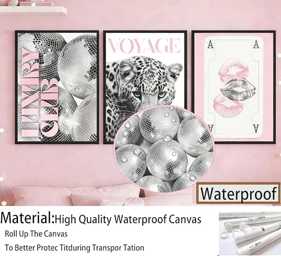 3PCS Pink Fashion Leopard Print Wall Art,Pink Black White Trendy Girly Canvas Posters,Aesthetic Pink Lip Print & Disco Ball Wall Decor for Teenage Girls' Bedrooms,University Dormitories,Apartment,Living Rooms and Dressing Rooms 12x16in Unframed thumbnail 3
