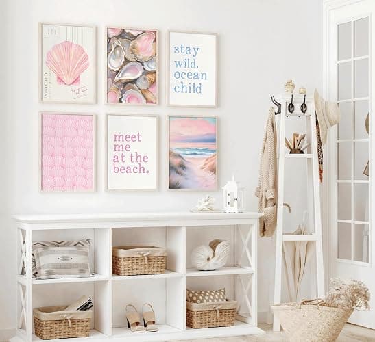 Pink Beach Preppy Wall art Coastal Granddaughter Aesthetic Room Painting Picture Wall Decor Shells Oyster Poster Print Artwork for Girls Room Girls Dorm Home Decoration thumbnail 7