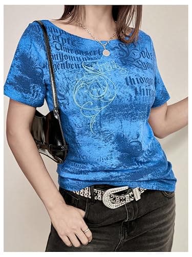 RoseSeek Women's Off The Shoulder Tops Graphic Goth Tee Y2k Vintage Asymmetrical Neck Oversized T Shirts thumbnail 3