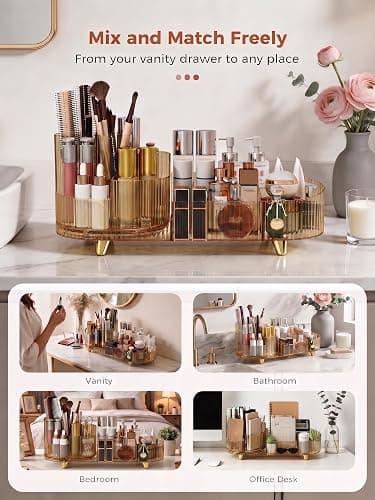 Booklov Rotating Makeup Organizer for Vanity Countertop, Amber | Clear Acrylic Cosmetic Display Case, Large Beauty Brush Holder for Bathroom Counter, Skincare Lipsticks Storage thumbnail 7