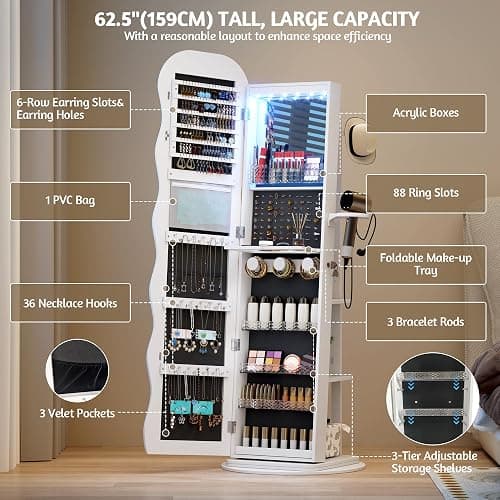 Vlsrka 360° Swivel Jewelry Aromire with Wavy Mirror, Lockable Jewelry Organizer Mirror Full Length, Rotatable Standing Mirror with Storage, Jewelry Cabinet, Interior Mirror, Flodable Shelf, White thumbnail 4