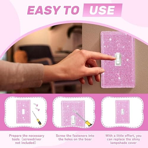 Bling light Switch Cover Plate,Decorativedecorative Light Switch Covers,Silver Pink Shiny Wall Plate Cover,Shiny Rhinestones Single Light Decorative Cover for Bedroom Accessories Home Decor (Pink) thumbnail 4